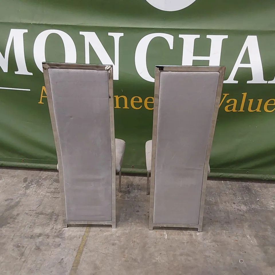 SET OF 2 CELESTE GREY VELVET AND CHROME DINING CHAIRS 
