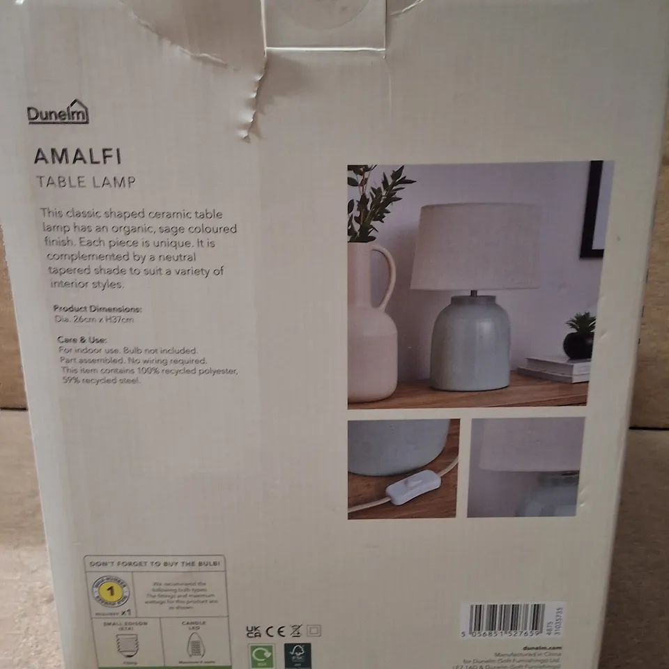 BOXED DUNELM AMALFI TABLE LAMP – CERAMIC SAGE FINISH WITH NEUTRAL SHADE