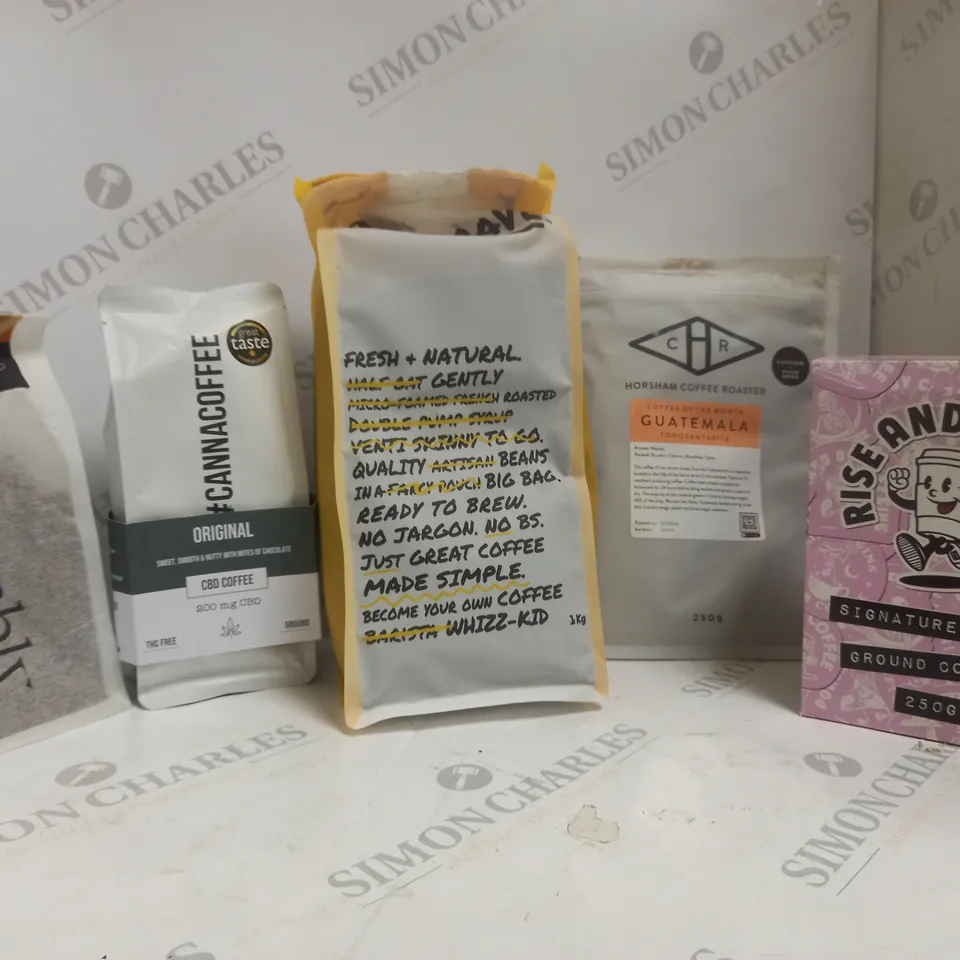 BOX OF APPROX 8 ASSORTED FOOD ITEMS TO INCLUDE - HORSHAM COFFEE ROASTER GUATEMALA - RISE AND GRIND GROUND COFFEE - CBD COFFEE ECT