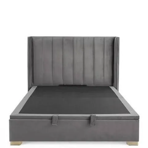 BOXED DAKOTA VELVET END LIFT UP STORAGE OTTOMAN BED, SMALL DOUBLE SIZE - GREY (5 BOXES)