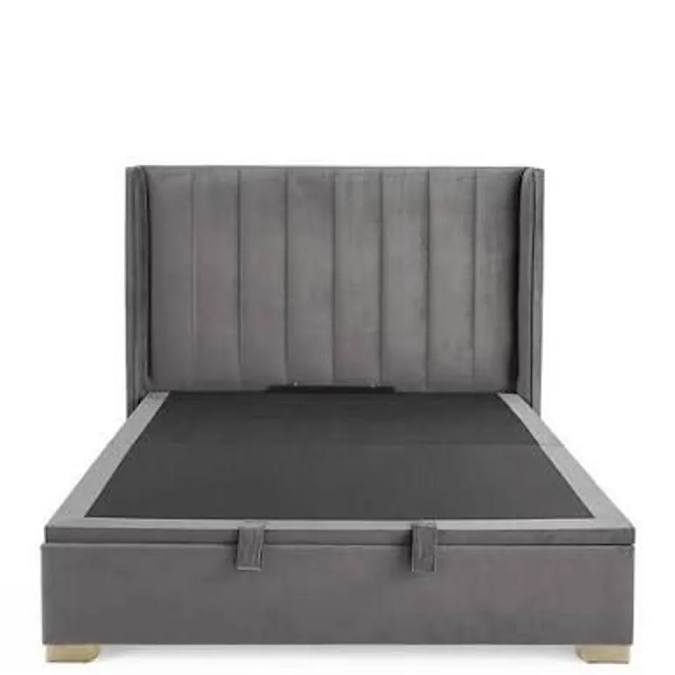BOXED DAKOTA VELVET END LIFT UP STORAGE OTTOMAN BED, SMALL DOUBLE SIZE - GREY (5 BOXES)