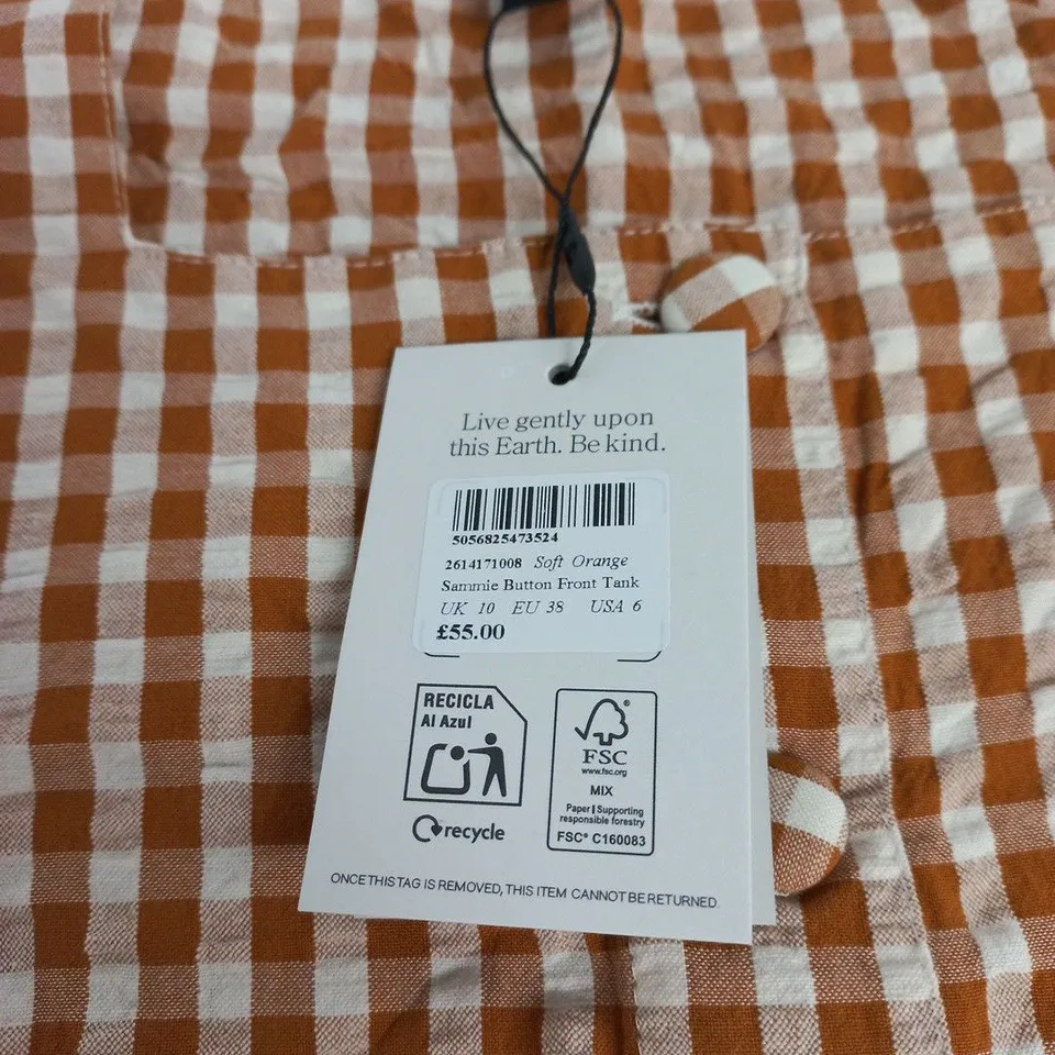 NOBODY'S CHILD SAMMIE BUTTON FRONT TANK – UK 10 (EU 38, USA 6) – SOFT ORANGE GINGHAM