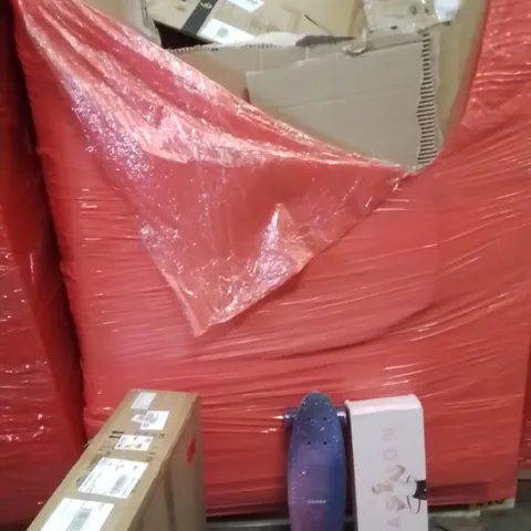 PALLET OF ASSORTED HOUSEHOLD GOODS AND PRODUCTS TO INCLUDE;CEILING FAN WITH LIGHT,SKATEBOARD,HULA HOOP