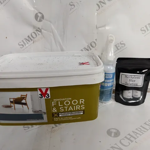 BOX OF APPROXIMATELY 4 ASSORTED ITEMS TO INCLUDE - METHYLENE BLUE SOLUTION - OUHOE IRON POWOER REMOVER - RENOVATION FLOOR & STAIRS ECT