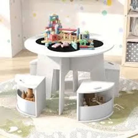 COSTWAY 4 SEATER WHITE KIDS TABLE SET WITH WRITABLE BLACKBOARD DESKTOP
