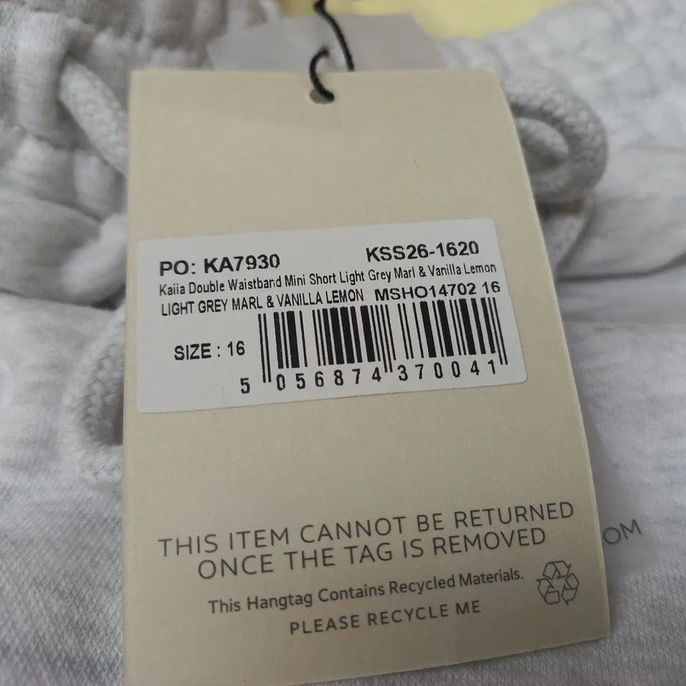 KAIIA DOUBLE WAISTBAND MINI SHORTS – LIGHT GREY MARL WITH VANILLA LEMON, UK 16