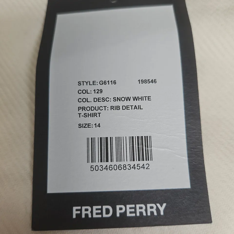 FRED PERRY RIB DETAIL T-SHIRT – SNOW WHITE, UK 14