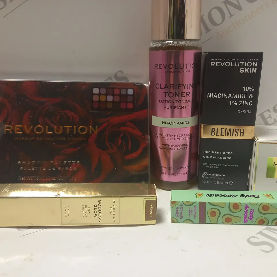 BOX OF 6 ASSORTED REVOLUTION PRODUCTS TO INCLUDE EYESHADOW PALETTE, MIRACLE CREAM, CLARIFYING TONER, ETC 