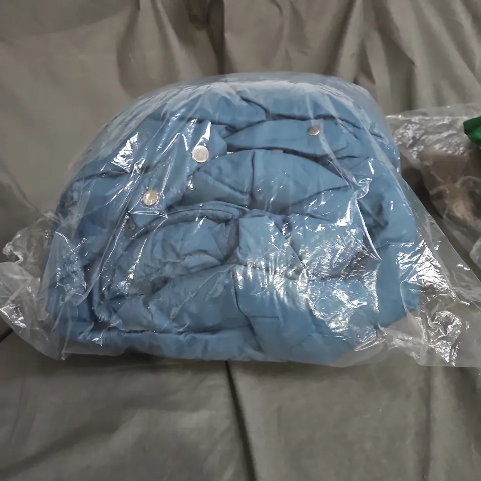 BOX OF APPROXIMATELY 25 ASSORTED CLOTHING ITEMS INCLUDING BEIGE PADDED COST , NIKE FOOTBALL SHORTS AND BLUE PADDED COAT 