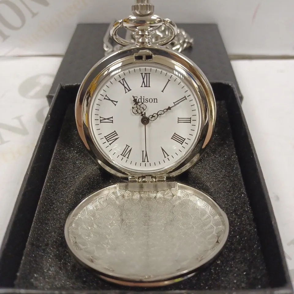 EDISON SILVER COLOUR POCKET WATCH WITH CHAIN 