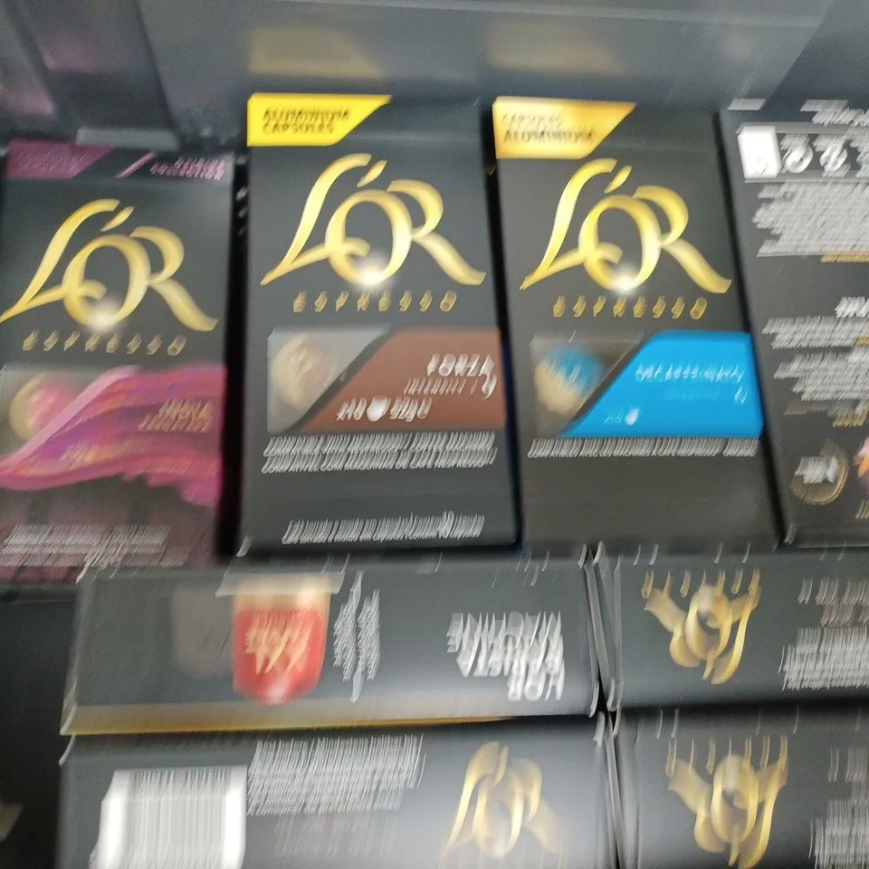 BOX OF APPROX 17 ASSORTED FOOD ITEMS TO INCLUDE - LOR ESPRESSO COFFEE PROFONDO CAPSULES - LOR ESPRESSO INDIA COFFEE CAPSULES - LOR ESPRESSO FORZA COFFEE CAPSULES ECT
