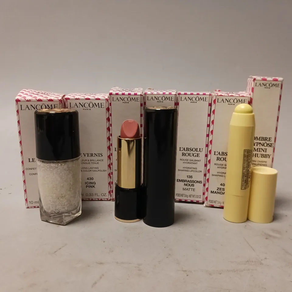 APPROXIMATELY 7 BOXED LANCOME BEAUTY PRODUCTS TO INCLUDE LE VERNIS NAIL POLISH, L'ABSOLU ROUGE HYDRATING SHAPING LIP COLOUR, OMBRE HYPNOSE MINI CHUBBY CREAM EYESHADOW STICK MINI