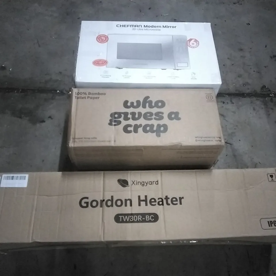 PALLET OF HOUSEHOLD ITEMS TO INCLUDE CHEFMAN MICROWAVE, 100% BAMBOO TOILET PAPER, GORDON HEATER AND OTHER ASSORTED ITEMS...