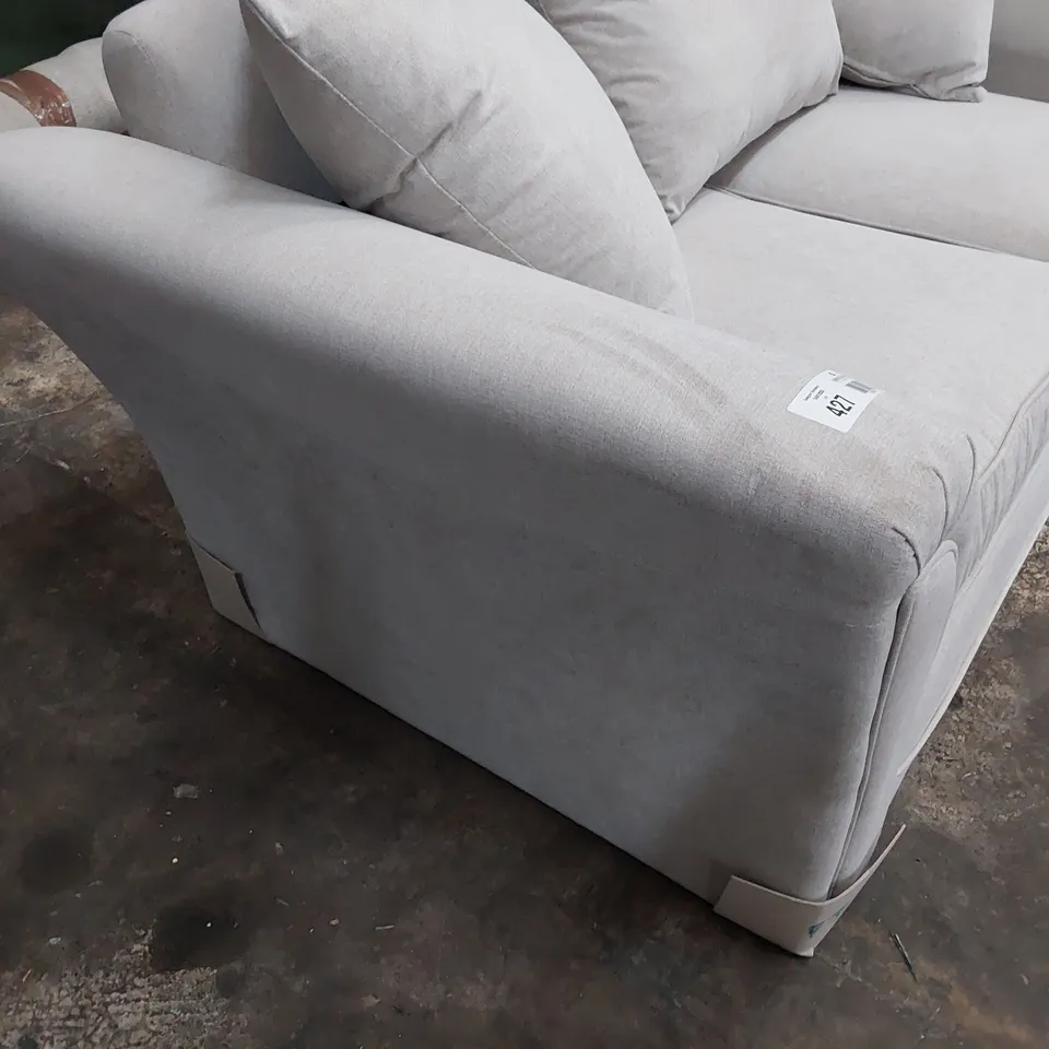 DESIGNER TWO SEATER SOFA WITH SCATTER CUSHIONS LIGHT GREY FABRIC 