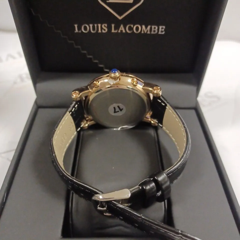 LOUIS LACOMBE CHRONOGRAPH ROMAN NUMERAL WAVE TRIPLE DIAL BLACK LEATHER STRAP WRISTWATCH