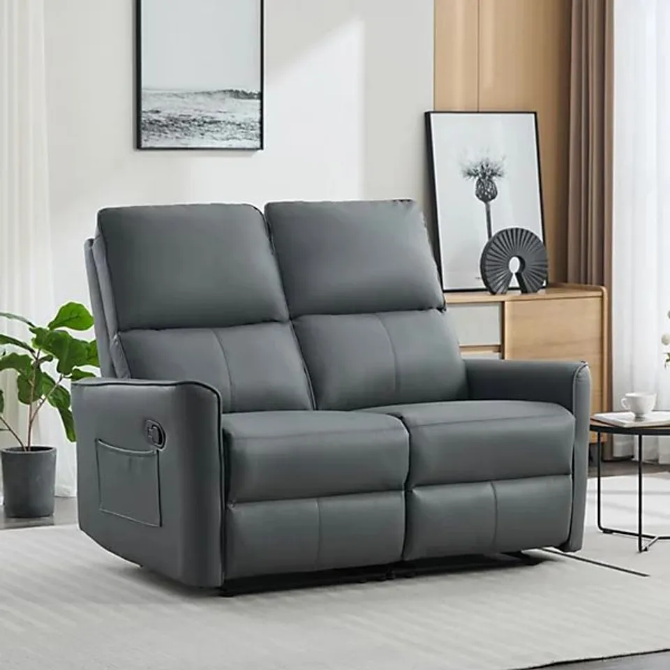 BOXED MADRID 2 SEATER MANUAL RECLINER AIR LEATHER SOFA - GREY (2 BOXES)