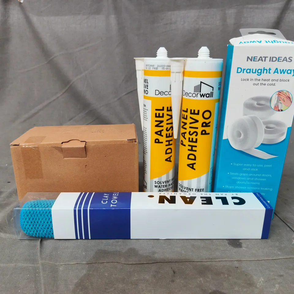 APPROXIMATELY 15 ASSORTED HOUSEHOLD PRODUCTS TO INCLUDE ADHESIVE  , CLAY TOWEL , ETC 