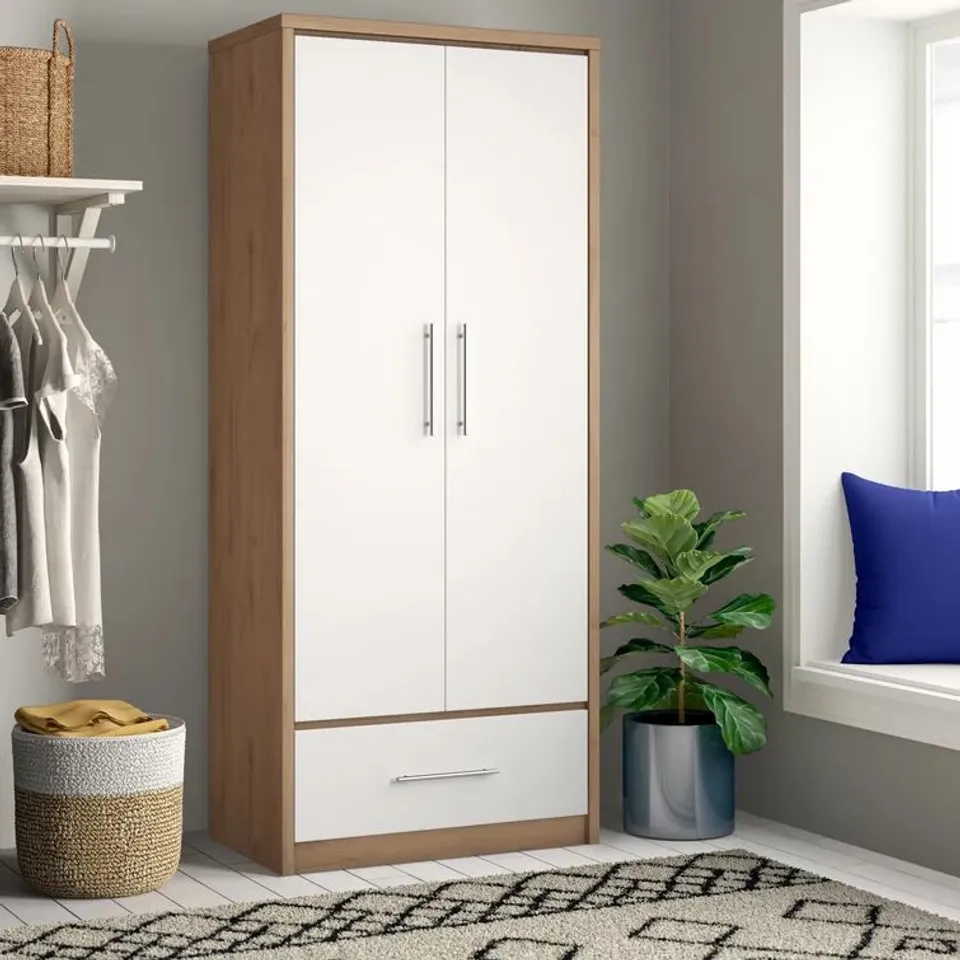 BOXED LOUISE TWO DOOR 1 DRAWER WARDROBE WHITE GLOSS/LIGHT OAK (2 boxes)