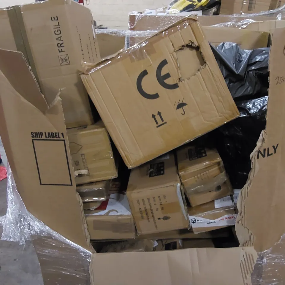 PALLET TO CONTAIN ASSORTED HOUSEHOLD ITEMS AND CONSUMER PRODUCTS. INCLUDING TOILET SEATS, BOXED FURNITURE ETC
