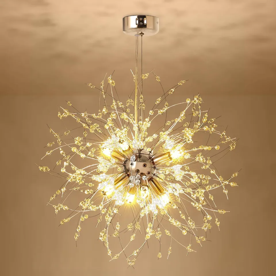 BOXED MODERN CHANDELIERS PENDANT LIGHT, 8-LIGHT GOLDEN CRYSTAL FLUSH MOUNT CEILING LIGHT FIXTURE