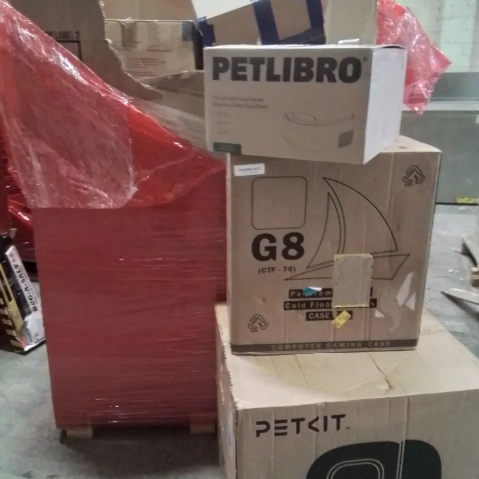 PALLET OF ASSORTED HOUSEHOLD GOODS AND PRODUCTS TO INCLUDE;AUTOMATIC CAT CLEANING BOX,GAMING COMPUTER CASE,WET FOOD FEEDER