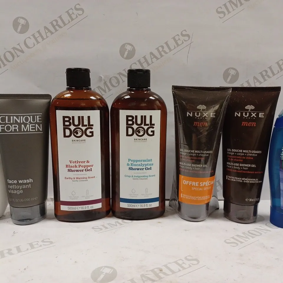 BOX OF APPROX 8 ASSORTED BEAUTY PRODUCTS TO INCLUDE CLINIQUE FOR MEN FACE WASH, BULL DOG SHOWER GEL, RADOX SHOWER GEL, ETC 