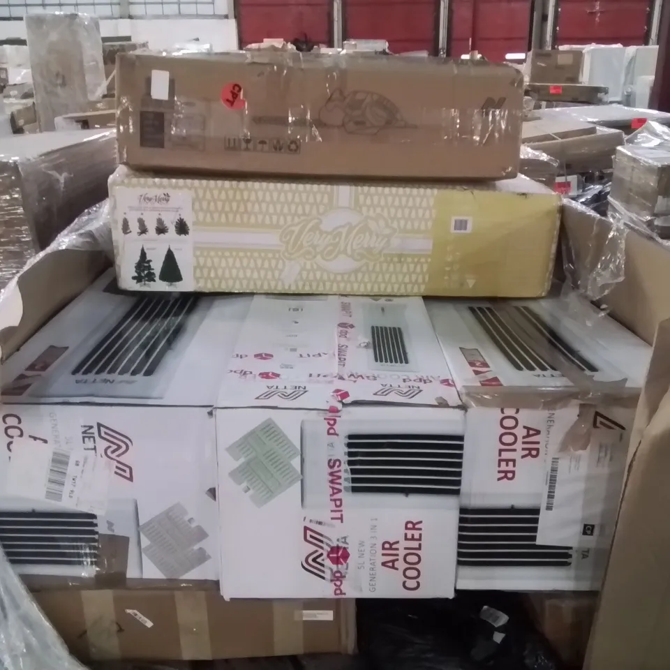 MIXED PALLET CONTAINING AIR COOLERS, CHRISTMAS TREE, HEDGE TRIMMERS ECT. 