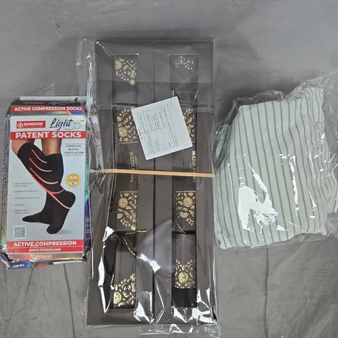 BOX OF APPROXIMATELY 20 ASSORTED HOUSEHOLD ITEMS TO INCLUDE ACTIVE COMPRESSION SOCKS, MOLTON BROWN CHRISTMAS CRACKER SET, ETC - COLLECTION ONLY