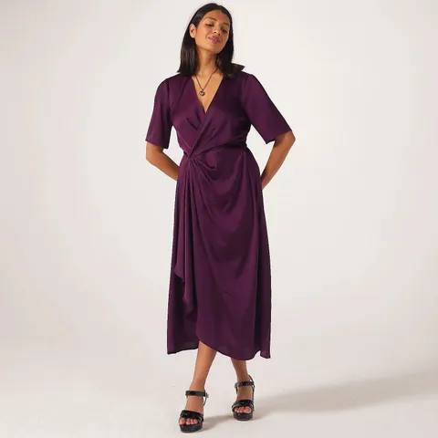 NINA LEONARD HAMMERED SATIN DRAPED FRONT DRESS WITH ELBOW SLEEVE PLUM SMALL