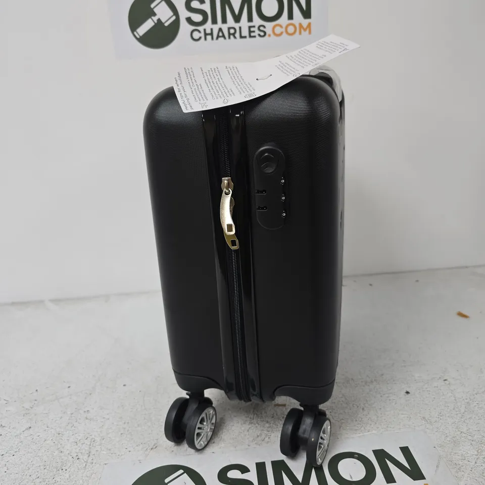BLACK HARD-SHELL CARRY-ON SUITCASE WITH FOUR SPINNER WHEELS
