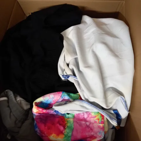BOX OF ASSORTED CLOTHING ITEMS TOO INCLUDE DRESSES , SHIRTS AND TROUSERS IN VARIOUS SIZES AND COLOURS