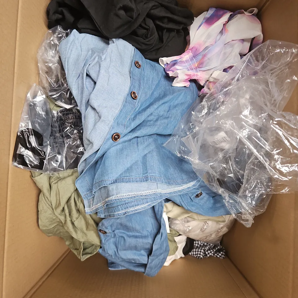 APPROXIMATELY 25 ASSORTED CLOTHING PRODUCTS IN VARIOUS STYLES & SIZES TO INCLUDE JACKETS, T-SHIRTS, DRESSES ETC