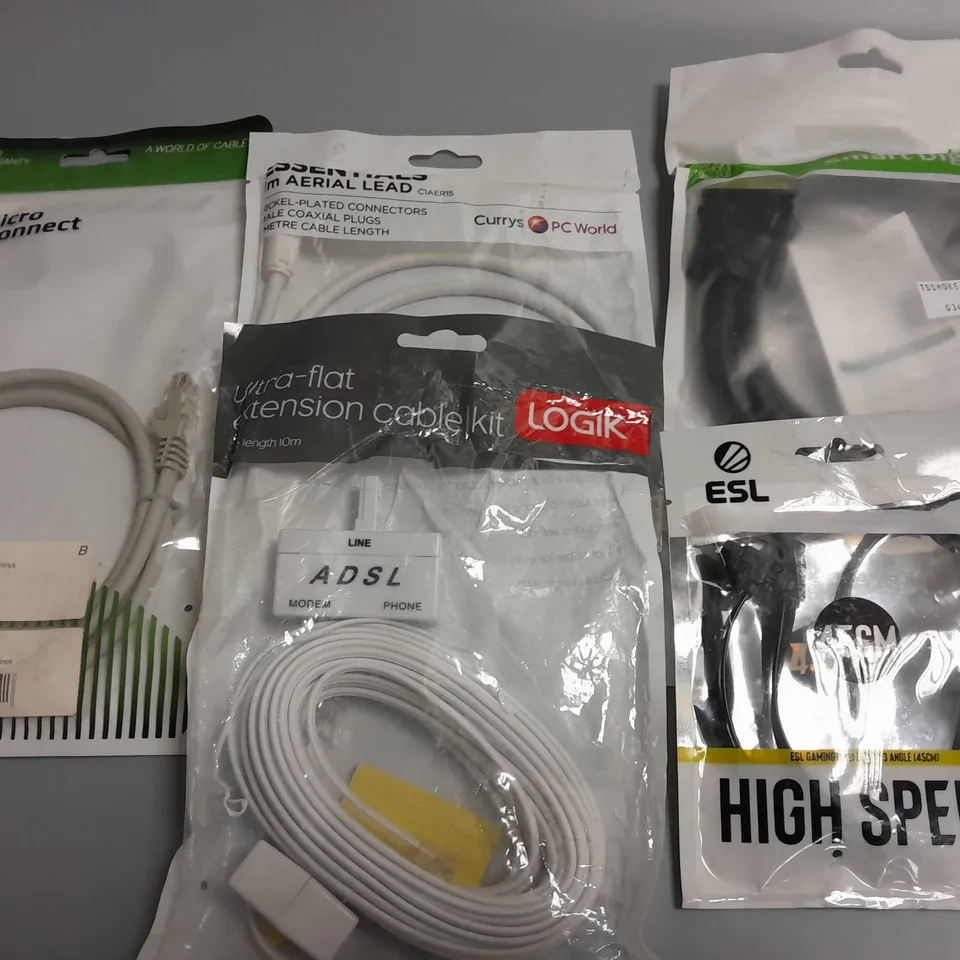 LOT OF 5 ASSORTED CABLES TO INCLUDE ESL GAMING CABLE, EXTENSION CABLE KIT AND CAT6 CABLE