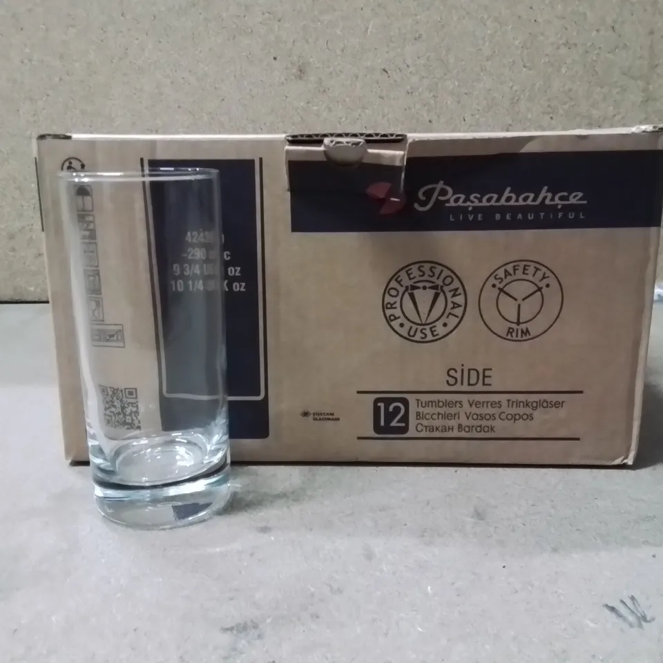 BOXED PASABAHCE HI BALL GLASSES APPROXIMATELY 12