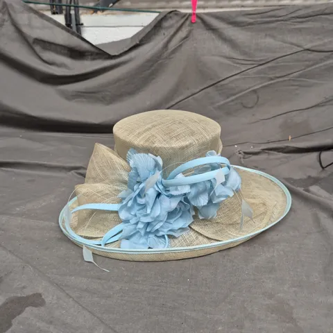 ISPIRATO STRAW SUN HAT WITH LIGHT BLUE RIBBON AND FLOWER ACCENT