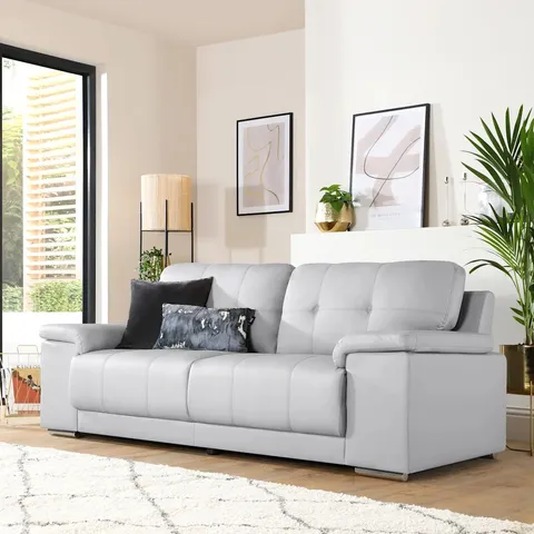 BOXED KANSAS 3 SEATER SOFA, LIGHT GREY PREMIUM FAUX LEATHER
