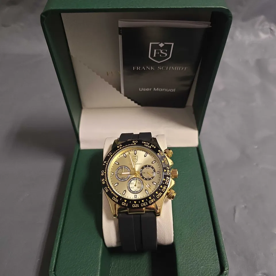 BOXED FRANK SCHMIDT MENS GOLD DIAL CHRONOGRAPH WATCH WITH BLACK RUBBER STRAP 