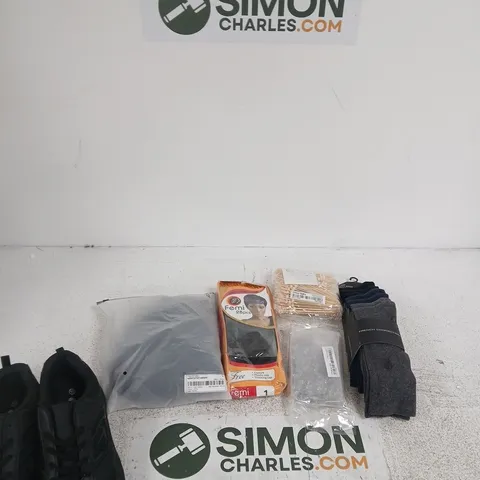 BOX OF APPROXIMATELY 10 ASSORTED ITEMS INCLUDING FRENCH CONNECTION 7 PACK MENS SOCKS, SOME PINS AND COCKTAIL STICKS