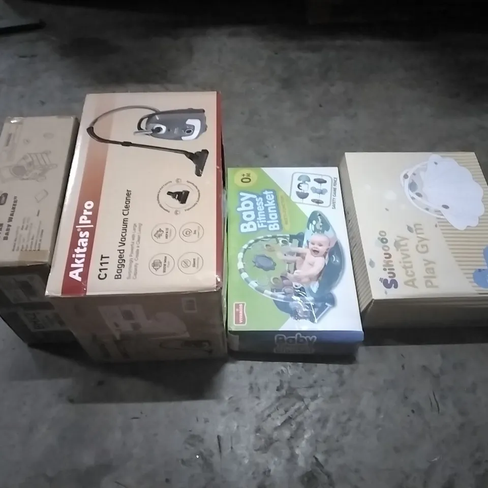 PALLET OF HOUSEHOLD ITEMS TO INCLUDE RATTAN BABY WALKER,VACUUM CLEANER, BABY FITNESS BLANKET, ACTIVITY PLAY GYM AND OTHER ASSORTED ITEMS...