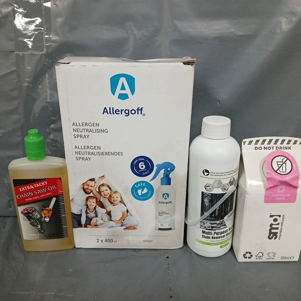 APPROXIMATELY 10 ASSORTED ITEMS TO INCLUDE - CHAIN SAW OIL , SMOL WASHING UP LIQUID ETC