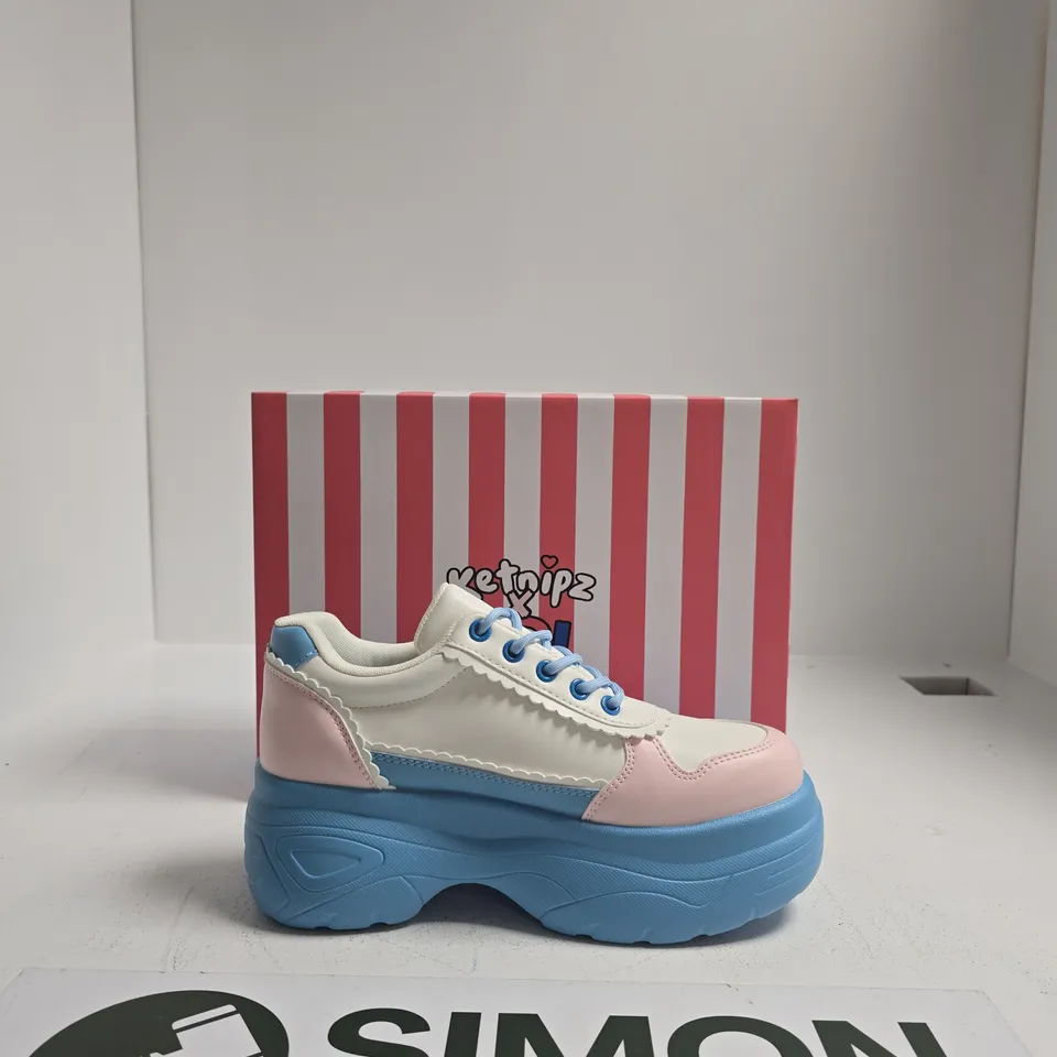 KOI PLATFORM SNEAKERS – PASTEL PINK, WHITE & BLUE WITH CHUNKY BLUE SOLE US SIZE 7
