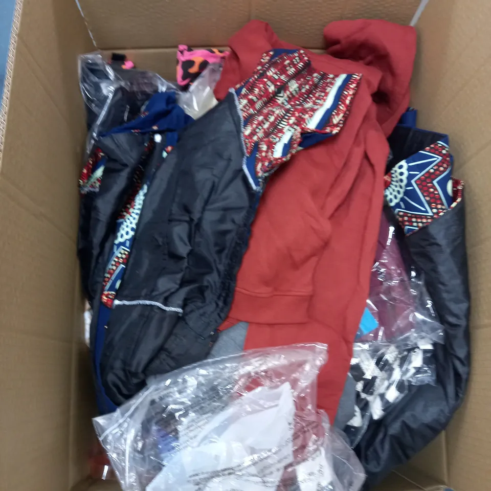 BOX OF ASSORTED CLOTHING ITEMS TOO INCLUDE JUMPERS, SHIRTS AND TROUSERS IN VARIOUS SIZES AND COLOURS   