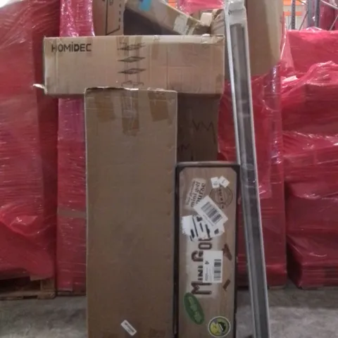 PALLET OF ASSORTED HOUSEHOLD GOODS AND FURNITURE TO INCLUDE; HOMIDEC STORAGE RACK, MINI GOLF SET, ITALIAN STYLE BLINDS ETC