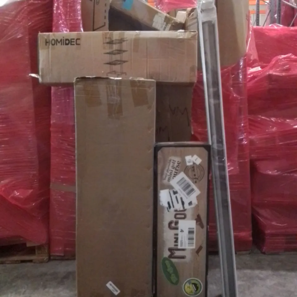 PALLET OF ASSORTED HOUSEHOLD GOODS AND FURNITURE TO INCLUDE; HOMIDEC STORAGE RACK, MINI GOLF SET, ITALIAN STYLE BLINDS ETC