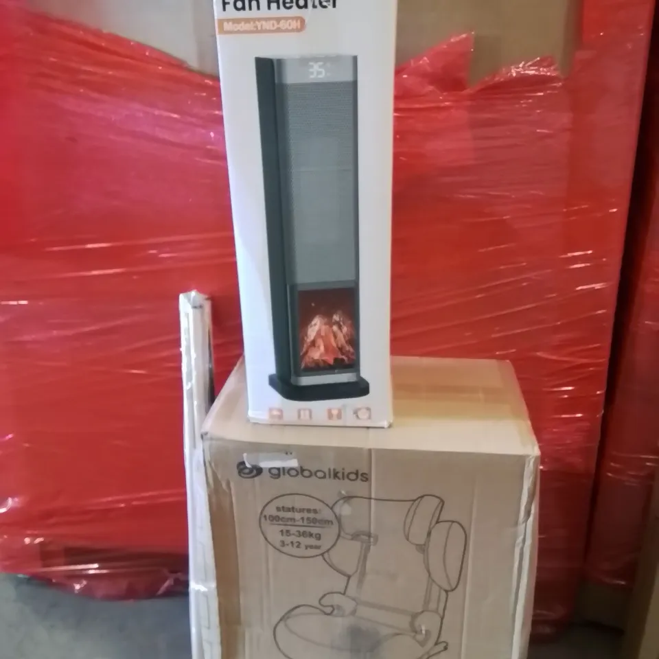 PALLET OF ASSORTED HOUSEHOLD GOODS AND PRODUCTS TO INCLUDE;PORTABLE FAN HEATER,BOOSTER SEAT,POOL CUE 