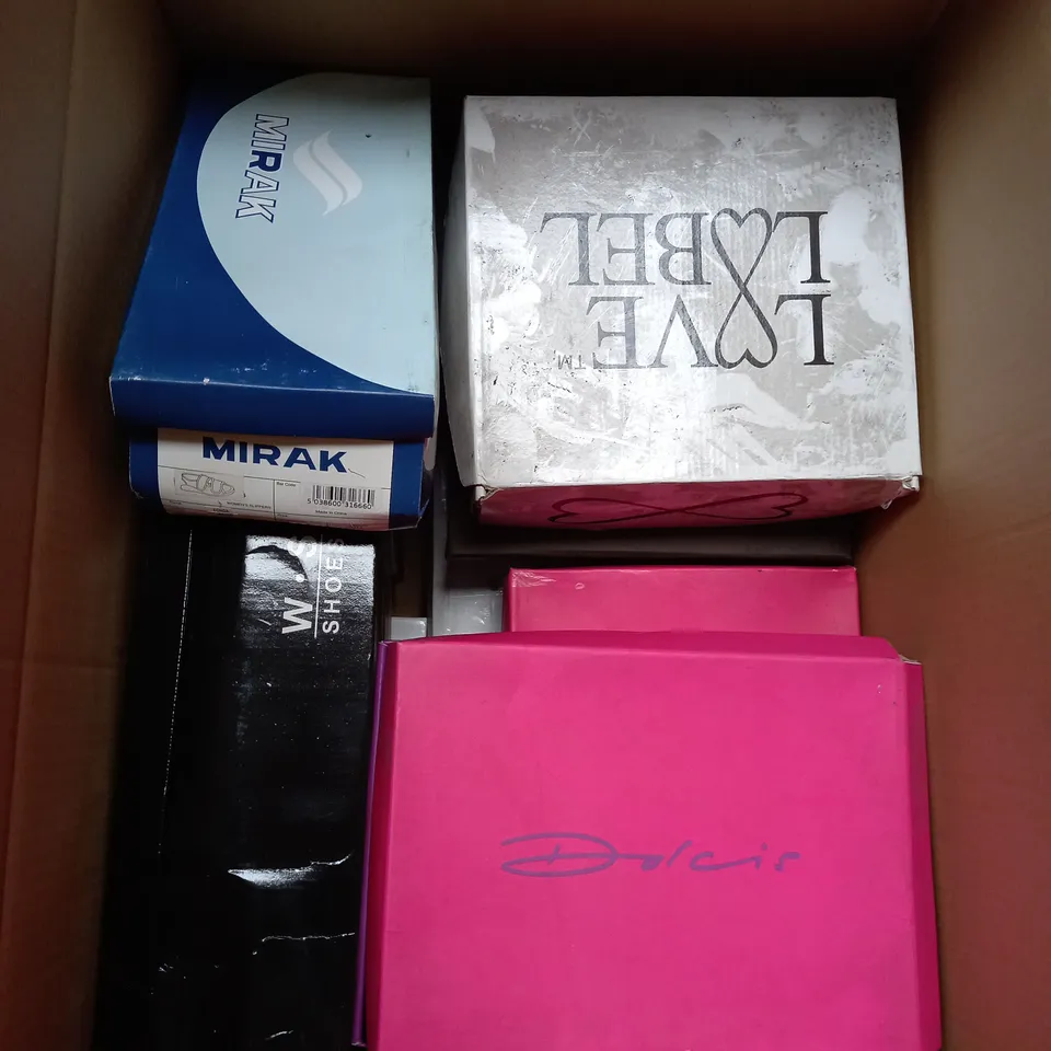 BOX OF APPROXIMATELY 10 ASSORTED PAIRS OF SHOES TO INCLUDE LOW BLACK TRAINERS, FORMAL SHOES, OPEN TOE SANDALS ETC