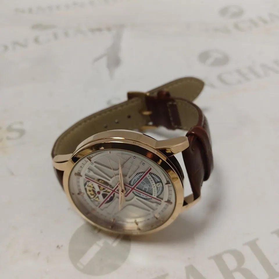 MENS VONLANTHEN AUTOMATIC WATCH – SILVER AND RED TEXTURED DIAL - GLASS EXHIBITION BACKCASE – BROWN LEATHER STRAP