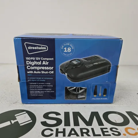 STREETWIZE 150 PSI 12V COMPACT DIGITAL AIR COMPRESSOR WITH AUTO SHUT-OFF – BOXED