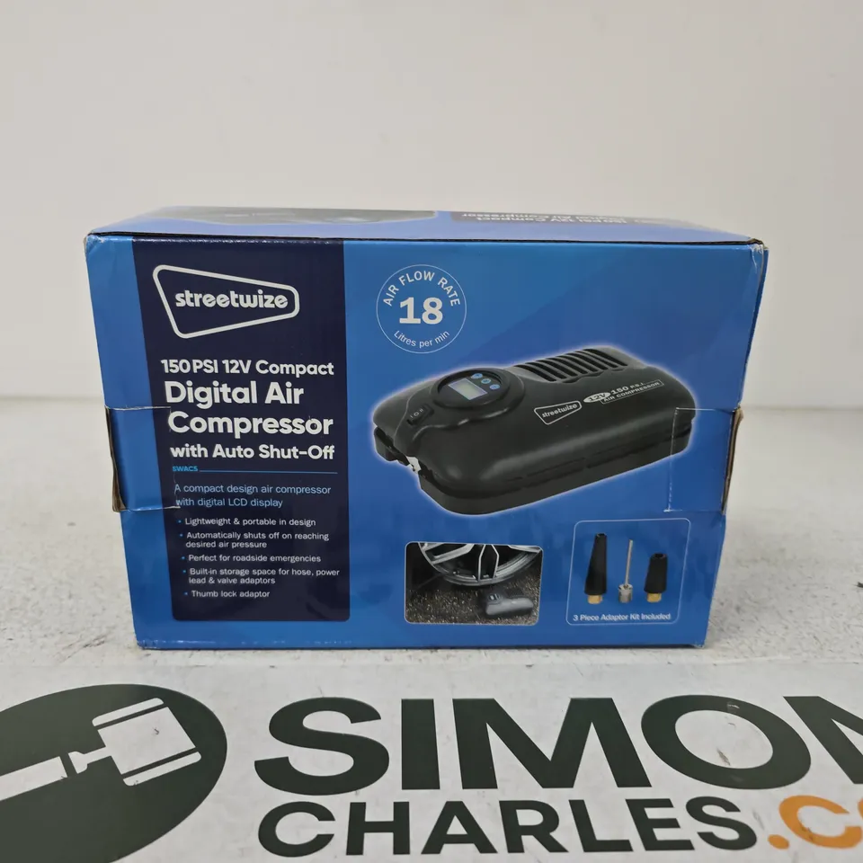 STREETWIZE 150 PSI 12V COMPACT DIGITAL AIR COMPRESSOR WITH AUTO SHUT-OFF – BOXED