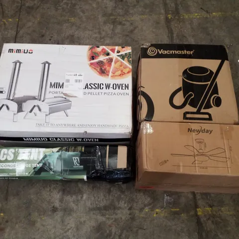PALLET OF ASSORTED PRODUCTS INCLUDING LED CEILING FAN, LARGE TENT, PORTABLE PIZZA OVEN, VACMASTER, LED BATHROOM MIRROR